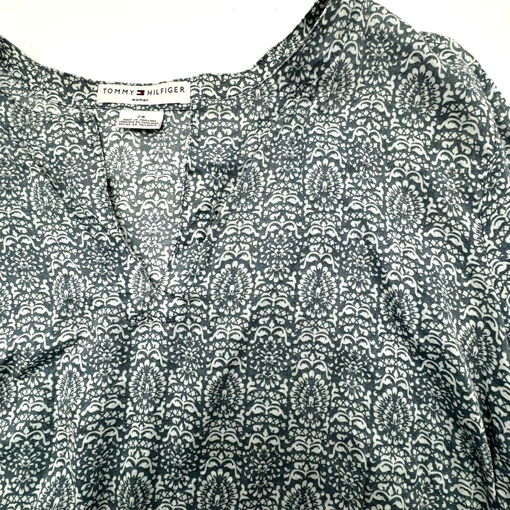TOMMY HILFIGER | Women's 24 Long Sleeve Blue Floral Peasant Blouse Tunic Sheer